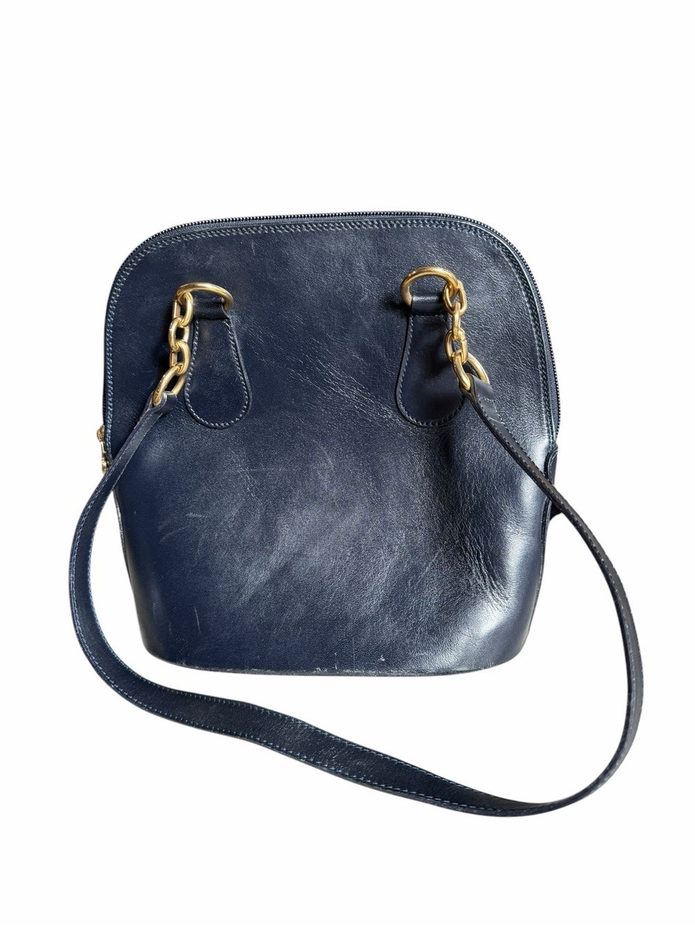 Brooks Brothers Domed Shape Navy Italian Leather Shoulder Bag with Gold Hardware